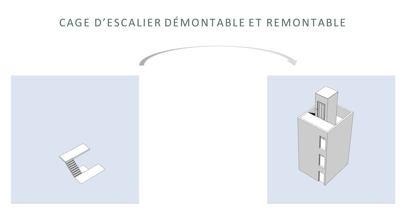 Immeuble parking réversible Astron : la cage d'escalier du parking se transforme en cage d'ascenseur de l'immeuble résidentiel Immeuble parking réversible Astron : la cage d'escalier du parking se transforme en cage d'ascenseur de l'immeuble résidentiel
